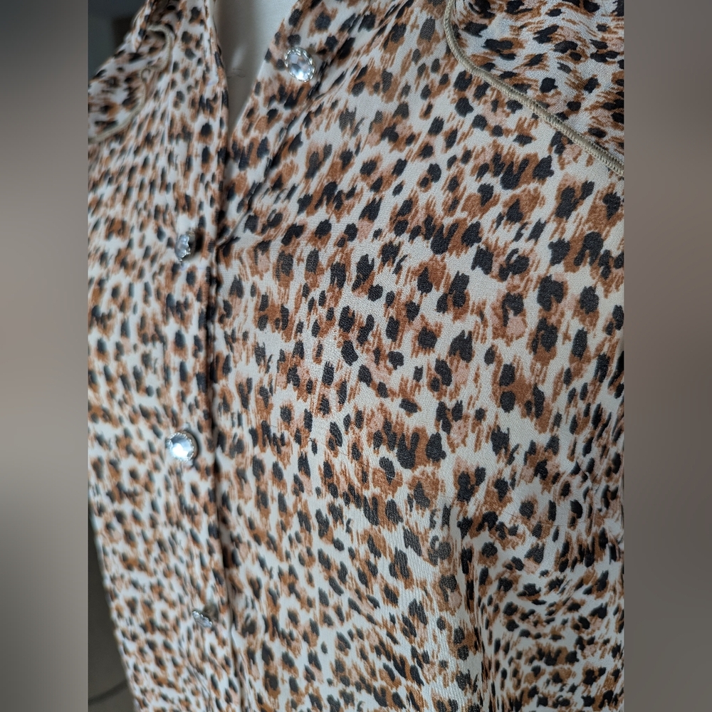 River Island Sheer Leopard Print Ruffle Button Down Shirt W/ Rhinestone Buttons - Picture 9 of 9